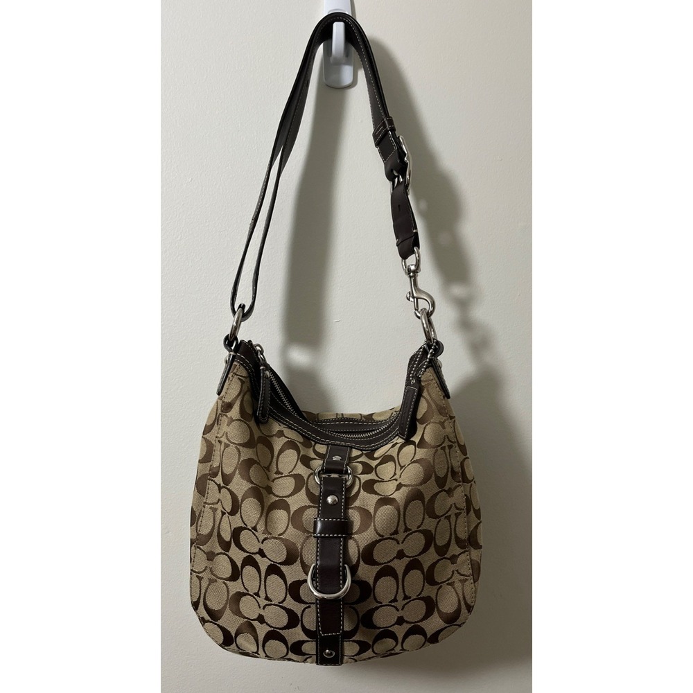 Coach Shoulder Bag Xbody Signature Chelsea Khaki Brown Jacquard Leather Silver